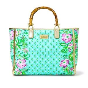NWT Lilly Pulitzer Greydon Tote Bamboo Handles Oh Diamond Girl Engineered Floral
